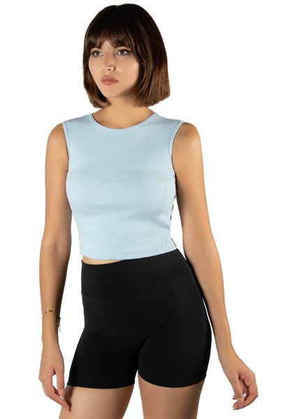 Kadın Açık Mavi Fitted/vücuda Oturan Crop Halter Yaka Fitilli Esnek Örme Bluz Atlet 23K-TRP-CRP06 fiyatları