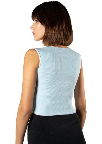 Kadın Açık Mavi Fitted/vücuda Oturan Crop Halter Yaka Fitilli Esnek Örme Bluz Atlet 23K-TRP-CRP06 fırsatları
