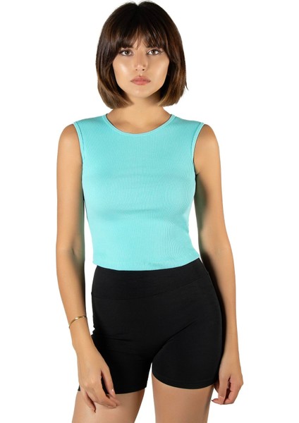 Kadın Turkuaz Fitted/vücuda Oturan Crop Halter Yaka Fitilli Esnek Örme Bluz Atlet 23K-TRP-CRP06 fiyatları