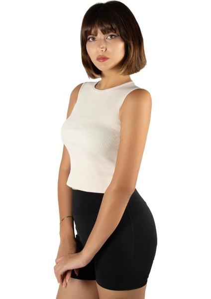 Kadın Krem Fitted/vücuda Oturan Crop Halter Yaka Fitilli Esnek Örme Bluz Atlet 23K-TRP-CRP06