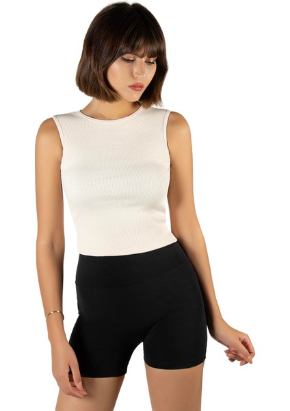 Kadın Krem Fitted/vücuda Oturan Crop Halter Yaka Fitilli Esnek Örme Bluz Atlet 23K-TRP-CRP06