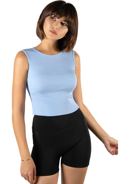 Kadın Mavi Fitted/vücuda Oturan Crop Halter Yaka Fitilli Esnek Örme Bluz Atlet 23K-TRP-CRP06