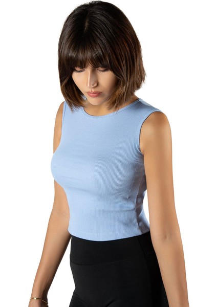 Kadın Mavi Fitted/vücuda Oturan Crop Halter Yaka Fitilli Esnek Örme Bluz Atlet 23K-TRP-CRP06