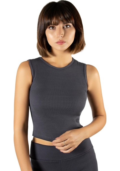 Kadın Antrasit Fitted/vücuda Oturan Crop Halter Yaka Fitilli Esnek Örme Bluz Atlet 23K-TRP-CRP06