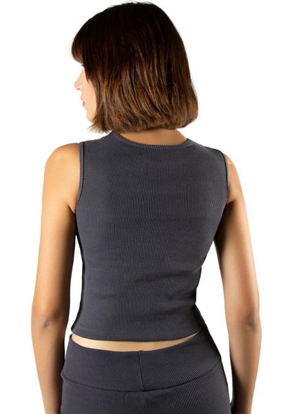 Kadın Antrasit Fitted/vücuda Oturan Crop Halter Yaka Fitilli Esnek Örme Bluz Atlet 23K-TRP-CRP06