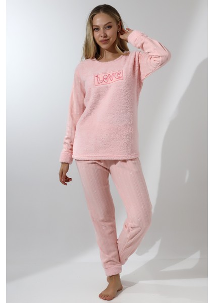 Fwn 5019 Peluş Welsoft Polar Kışlık Yumoş Kadın Pijama Takımı Love