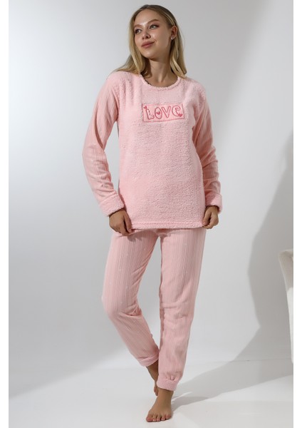 Fwn 5019 Peluş Welsoft Polar Kışlık Yumoş Kadın Pijama Takımı Love