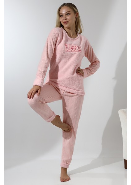 Fwn 5019 Peluş Welsoft Polar Kışlık Yumoş Kadın Pijama Takımı Love