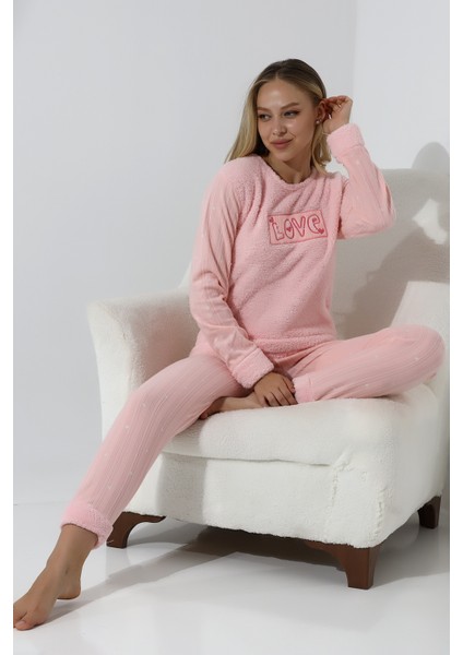 Fwn 5019 Peluş Welsoft Polar Kışlık Yumoş Kadın Pijama Takımı Love