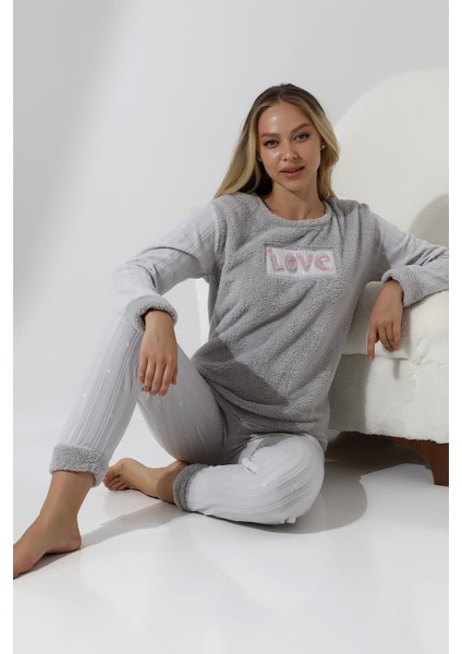 Fwn 5019 Peluş Welsoft Polar Kışlık Yumoş Kadın Pijama Takımı Love