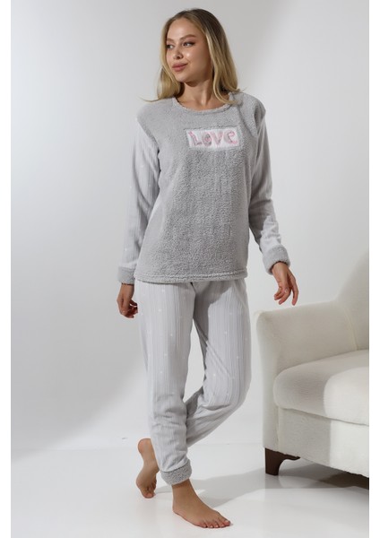 Fwn 5019 Peluş Welsoft Polar Kışlık Yumoş Kadın Pijama Takımı Love