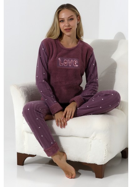 Fwn 5019 Peluş Welsoft Polar Kışlık Yumoş Kadın Pijama Takımı Love