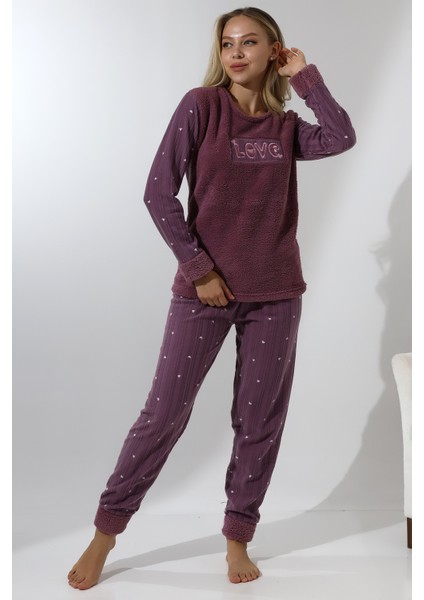 Fwn 5019 Peluş Welsoft Polar Kışlık Yumoş Kadın Pijama Takımı Love