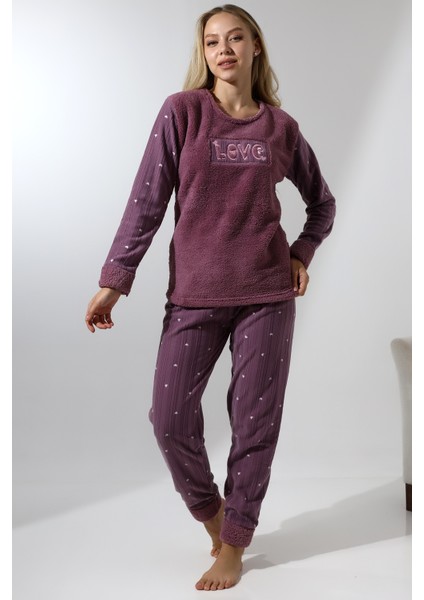 Fwn 5019 Peluş Welsoft Polar Kışlık Yumoş Kadın Pijama Takımı Love