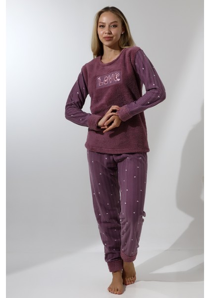 Fwn 5019 Peluş Welsoft Polar Kışlık Yumoş Kadın Pijama Takımı Love