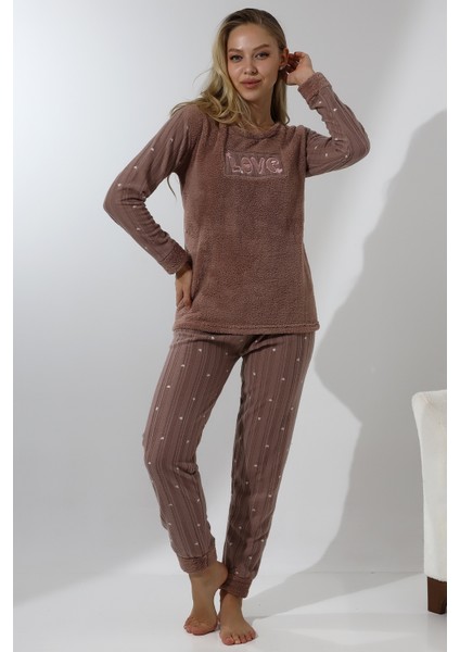 Fwn 5019 Peluş Welsoft Polar Kışlık Yumoş Kadın Pijama Takımı Love