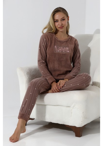 Fwn 5019 Peluş Welsoft Polar Kışlık Yumoş Kadın Pijama Takımı Love