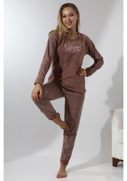 Fwn 5019 Peluş Welsoft Polar Kışlık Yumoş Kadın Pijama Takımı Love