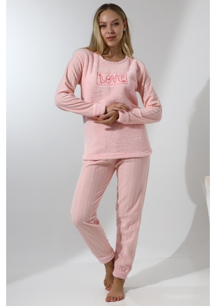 Fwn 5019 Peluş Welsoft Polar Kışlık Yumoş Kadın Pijama Takımı Love