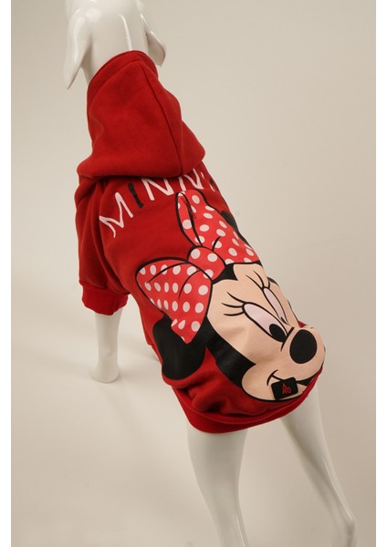 A40 Pet Kapüşonlu Içi Şardonlu Kedi ve Köpek Sweatshirt Hoodie Disney Minnie Mouse Kırmızı