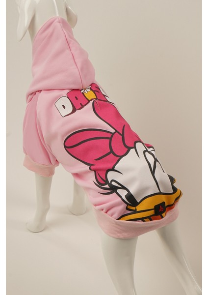 A40 Pet Kapüşonlu Içi Şardonlu Kedi ve Köpek Sweatshirt Hoodie Disney Daisy Duck Pembe