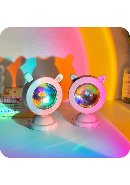 Kırmızı Kedi Mavi Tavşan Kulakları Gün Batımı Gün Batımı Işığı Güneş Asla Batmaz Atmosfer Projeksiyon Işığı Yatak Odası Mini USB Gece Lambası (Yurt Dışından)