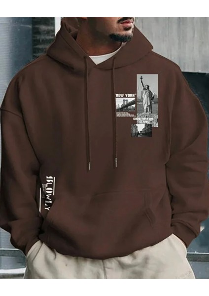Büyük Beden Özel Tasarım Kapüşonlu New York Baskılı %100 Pamuk Oversize Battal Erkek Sweatshırt