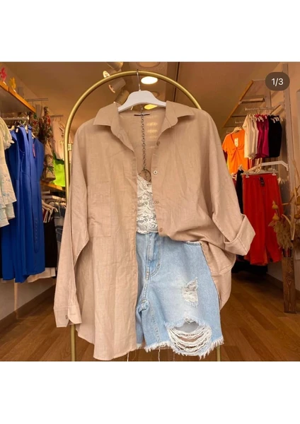 Zeynep Peri Butik Kadın Tek Cepli Oversize Keten Gömlek