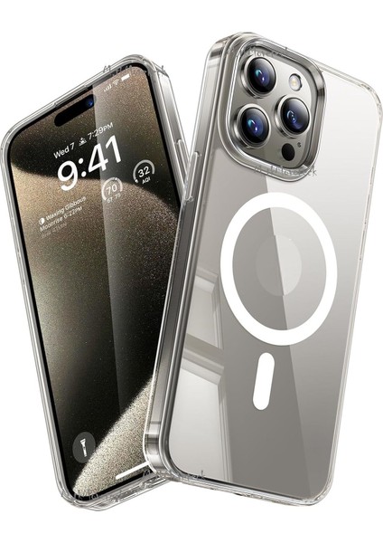 Apple iPhone 15 Pro Max Kılıf Magsafe Wireless Kablosuz Şarj Destekli Sert Silikon Şeffaf Clear Kapak Manyetik