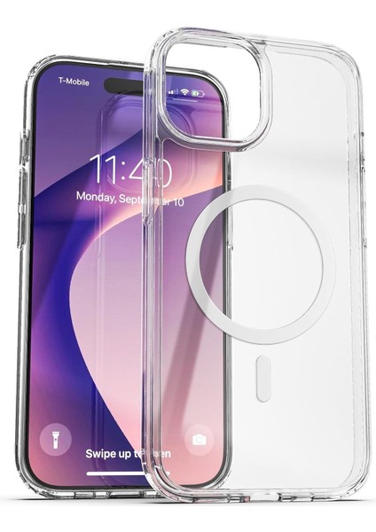 MTK Moveteck Apple iPhone 15 Plus Kılıf Magsafe Wireless Kablosuz Şarj Destekli Sert Silikon Şeffaf Clear Kapak Manyetik