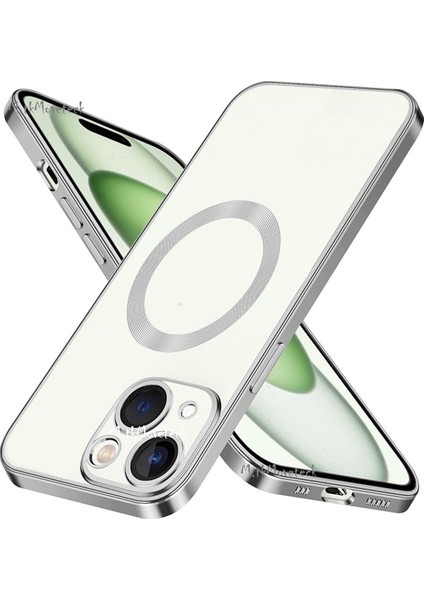 Apple iPhone 15 Kılıf Magsafe Wireless Şarj Destekli Parlak Titanium Renkli Kenarlı Arkası Şeffaf Case
