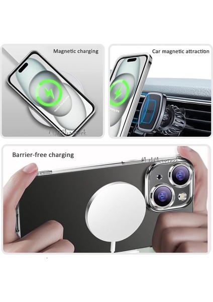 Apple iPhone 15 Kılıf Magsafe Wireless Şarj Destekli Parlak Titanium Renkli Kenarlı Arkası Şeffaf Case modelleri