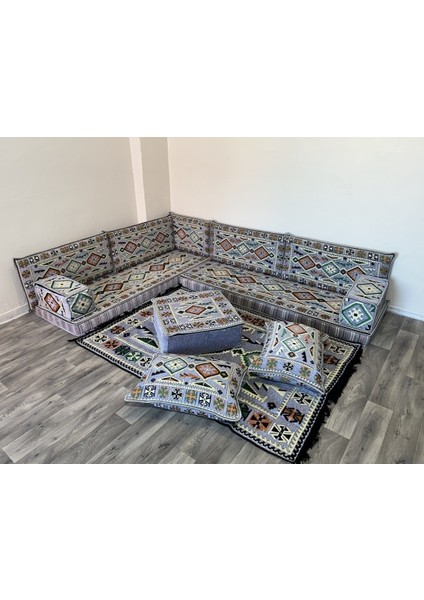 Şark Köşesi Anadolu Desenli Minder, Kilim, Orta Puf Takımı Konsept Gri