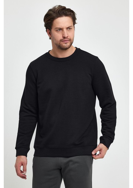 Erkek Rich Siyah Bisiklet Yaka Regular Fit 3 İplik Sweatshirt