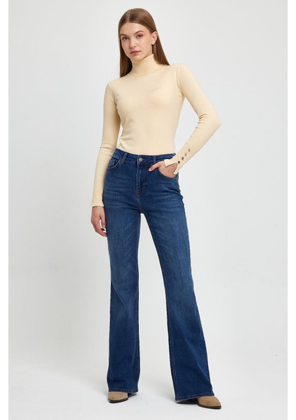 Kadın Jenny Dirty Dark Blue Yüksek Bel Flare Jean Pantolon
