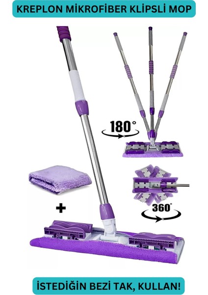 Ithal Yeni Nesil Mandallı Mikrofiber Bezli Mop + Yedek Bez Mor