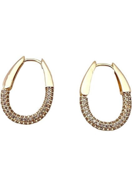 Oval Taşlı Halka Gold Küpe