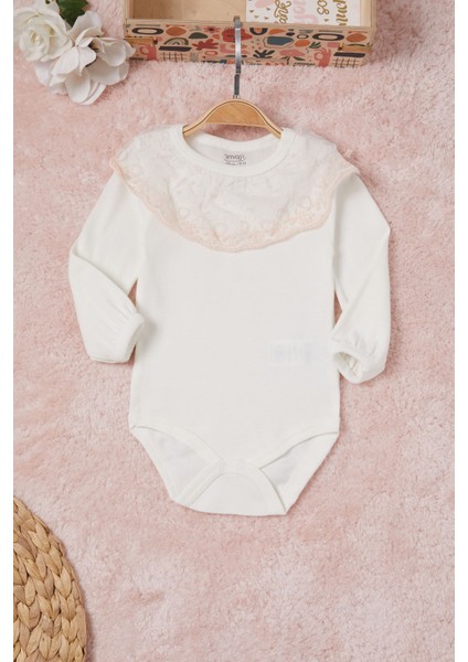 Ekru Kız Bebek Dantel Yakalı Uzun Kol Çıtçıtlı Badi 16848