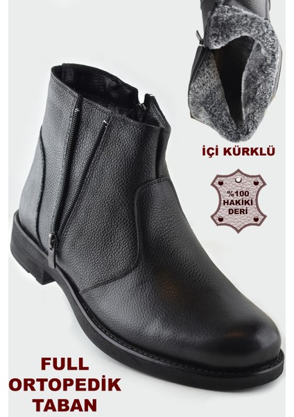 3405 Içi Kürklü Hakiki Deri Erkek Bot Ayakkabı Ortopedik Taban Fermuarlı Deri Bot