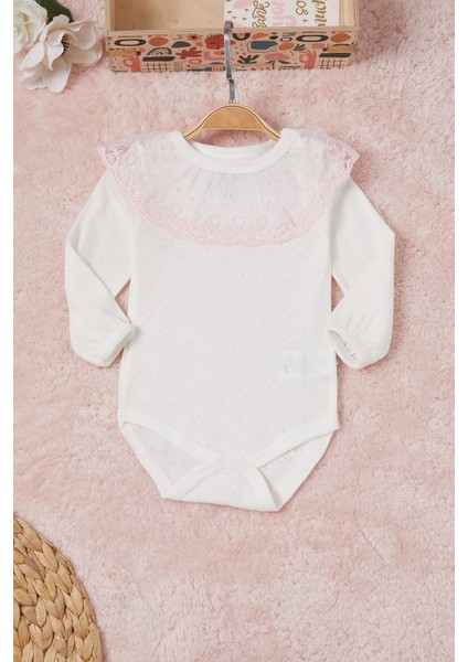 Ekru Kız Bebek Dantel Yakalı Uzun Kol Çıtçıtlı Badi 16841