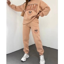 Amor Face Miami Baskılı Bej Pamuk Yeni Trend Tam Kışlık Dış Mekan Kadın Eşofman Takımı