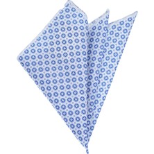 Exve Exclusive Mavi Geometrik Desen Dijital Baskılı Beyaz Pamuk Cep Yaka Mendili