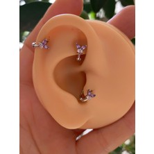 Ares Collection Cerrahi Çelik Mor Zirkon Taşlı Kelebek Halka Tragus Rook Helix Uyumlu Piercing Küpe