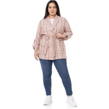 Disentis Modest Büyük Beden Şal Yaka Katlamalı Kollu Kuşaklı Ekru Kiremit Ceket