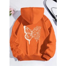 Kids Face Kapüşonlu Beyaz Kelebek Sırt Baskılı 3 İplik Şardonlu Kışlık Kız Çocuk Sweatshirt