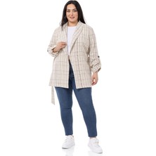 Disentis Modest Büyük Beden Şal Yaka Katlamalı Kollu Kuşaklı Ekru Haki Ceket