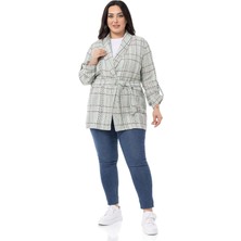 Disentis Modest Büyük Beden Şal Yaka Katlamalı Kollu Kuşaklı Su Yeşili Ceket