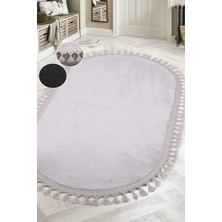 Teksev Relax Gri Oval Salon Oda Koridor Halısı Ponpon Saçaklı Yıkanabilir Kaymaz Taban Yumuşak Yolluk