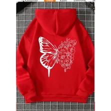 Kids Face Kapüşonlu Beyaz Kelebek Sırt Baskılı 3 İplik Şardonlu Kışlık Kız Çocuk Sweatshirt