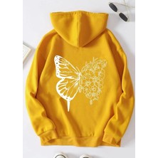 Kids Face Kapüşonlu Beyaz Kelebek Sırt Baskılı 3 İplik Şardonlu Kışlık Kız Çocuk Sweatshirt